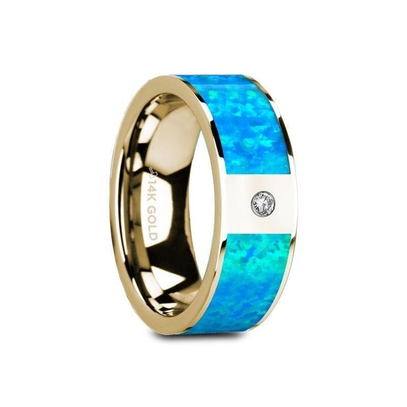 GELASIA Flat 14K Yellow Gold Ring with Blue Opal Inlay & White Diamond Setting - 8mm