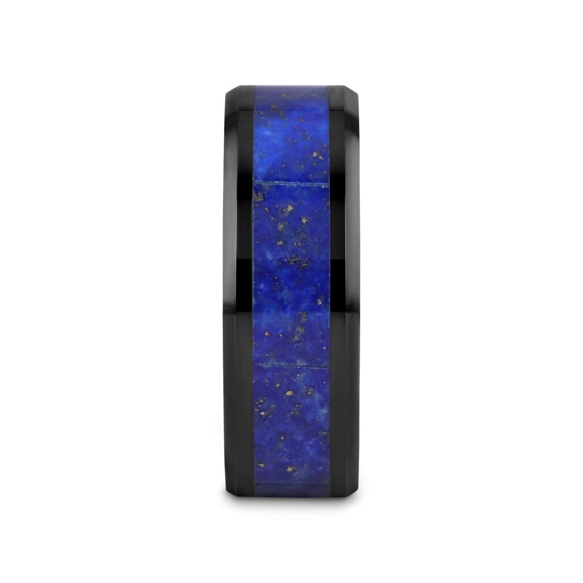 MARLOW Men’s Polished Black Ceramic Wedding Band with Blue Lapis Inlay & Beveled Edges - 8mm