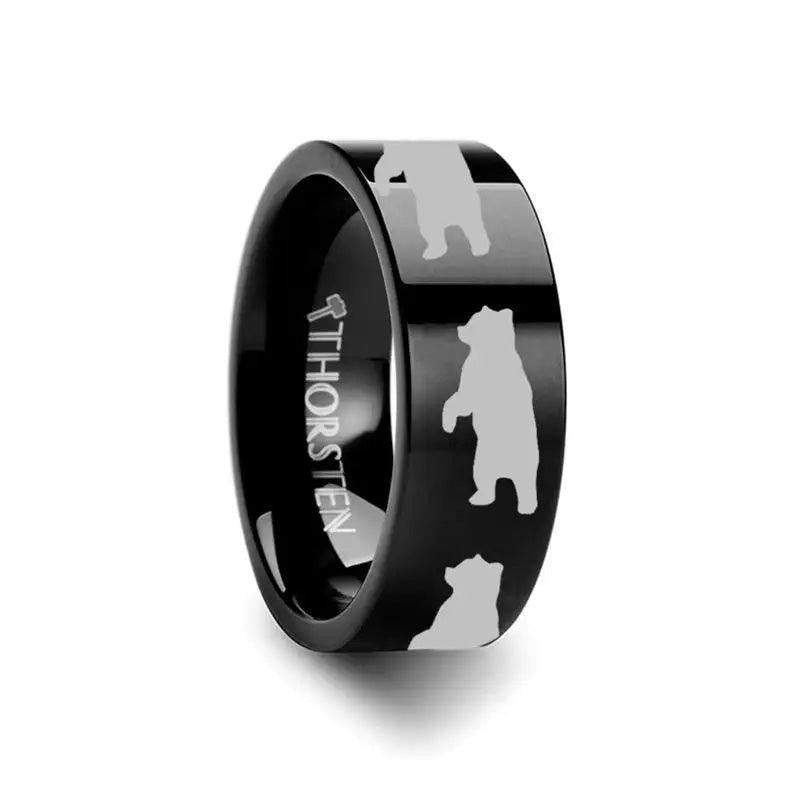 Animal Standing Print Engraved Flat Black Tungsten Ring - 4mm - 12mm - 6mm