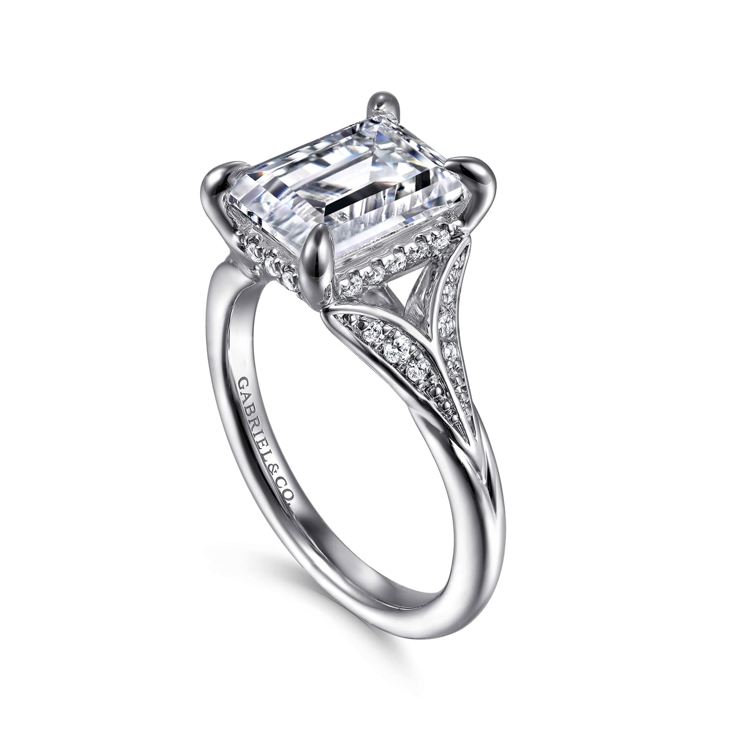 Gabriel & Co. Taye - 14K White Gold Split Shank Emerald Cut Diamond Engagement Ring 1/5CTW 9.5X7