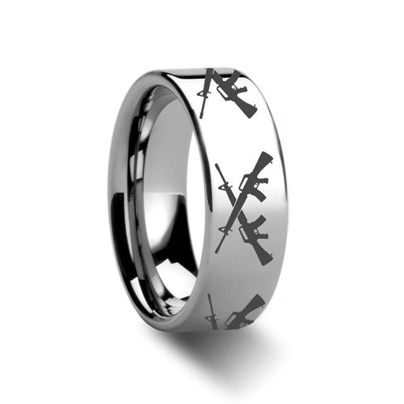 M16 CROSSED Firearm Design Engraved Flat Tungsten Ring - 4mm - 12mm - 6mm