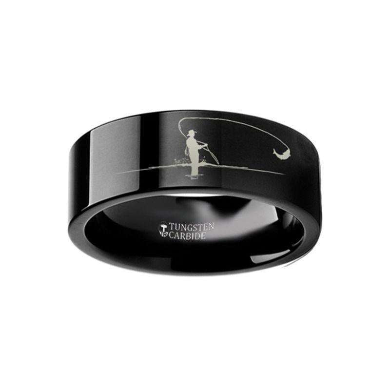 Hunting Landscape Scene Fly Fishing Fishermen Fish Engraved Flat Black Tungsten Ring - 4mm - 12mm - 8mm