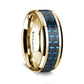 14K Yellow Gold Polished Beveled Edges Wedding Ring with Black and Blue Carbon Fiber Inlay - 8 mm