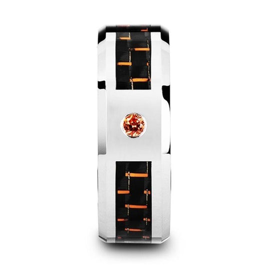 NOAH Tungsten Ring with Black and Orange Carbon Fiber and Orange Padparadscha Setting - 8mm