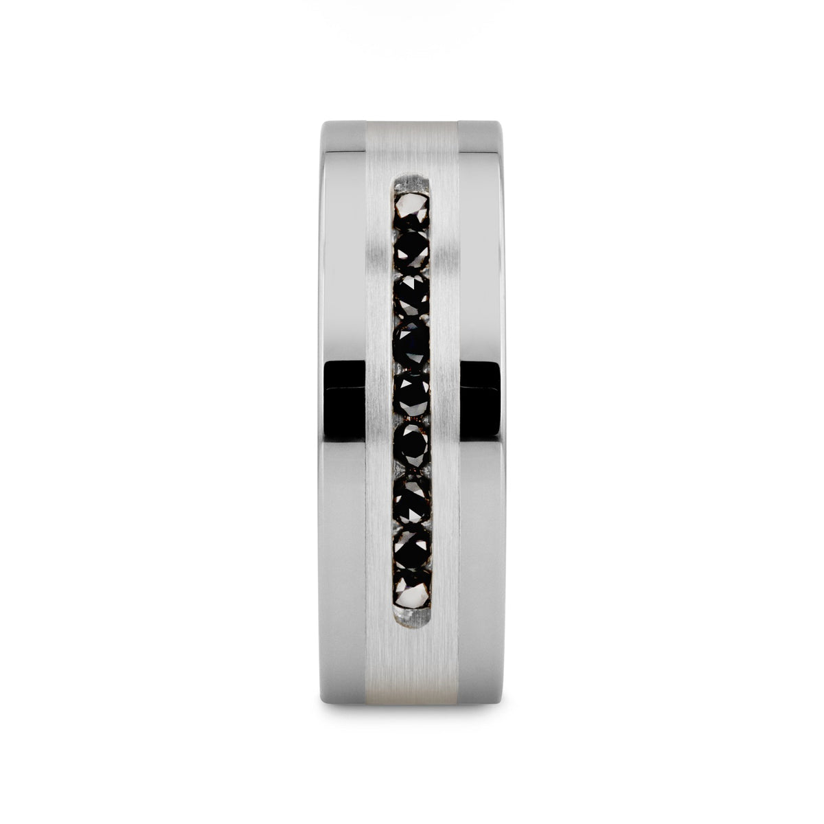 BLACKSTONE Flat Tungsten Wedding Band with Brushed Silver Inlay Center and 9 Channel Set Black Diamonds - 8mm