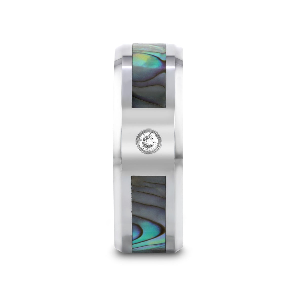 HONOLULU Mother of Pearl Inlay Tungsten Carbide Ring with Beveled Edges and White Diamond - 8mm