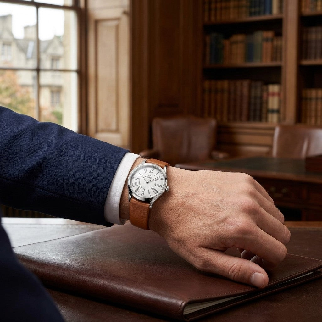 Omega de Ville Mini Trésor 26 mm — Steel on Leather Strap (428.17.26.60.04.004) — lifestyle