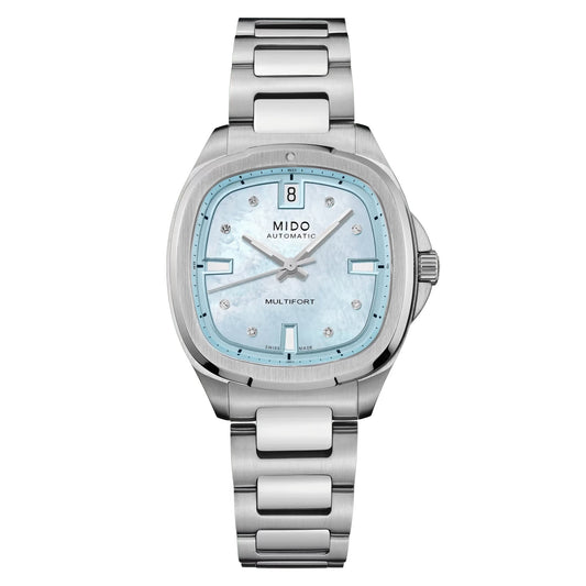 MIDO Multifort TV 35 Blue Mother of Pearl and Diamond Dial Stainless Steel Watch - 34.2 X 35mm