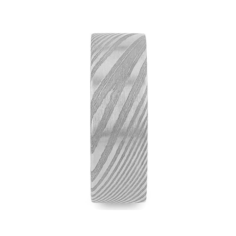 XANDER Grey Flat Brushed Damascus Steel Men’s Wedding Band with Vivid Etched Design - 6mm & 8mm