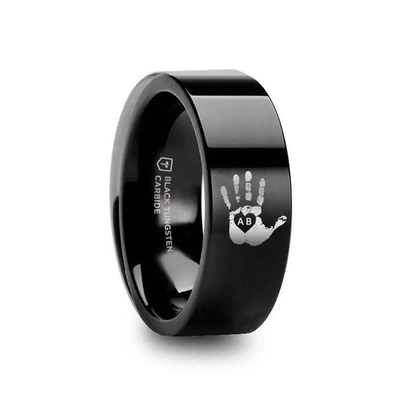 Handprint Initials Engraved Flat Pipe Cut Black Tungsten Ring Polished - 4mm - 12mm - 6mm