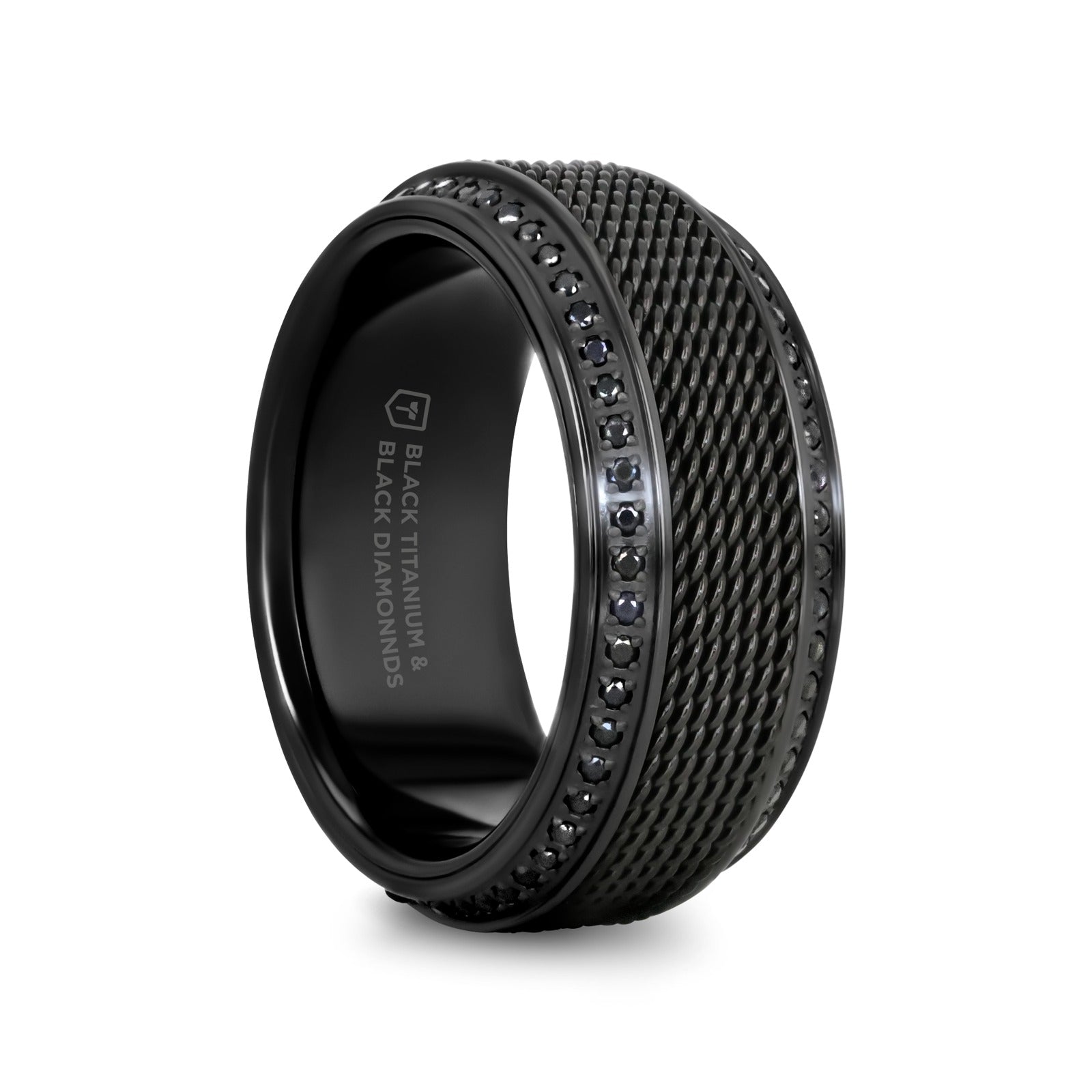 KNIGHT Steel Chain Black Titanium Wedding Ring Polished Beveled Edges Set with Round Black Diamonds - 10mm