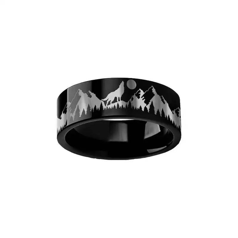Howling Wolf Moon Mountain Ring Engraved Flat Black Tungsten Polished - 4mm - 12mm - 8mm