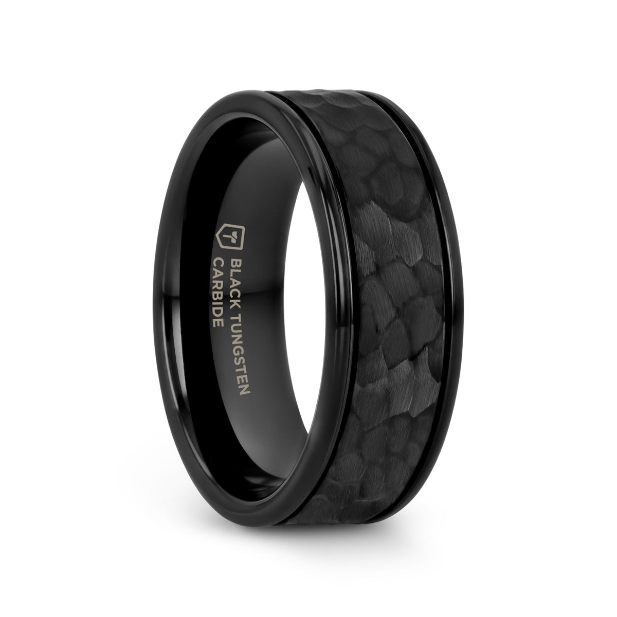 JOINER Hammered Finish Center Black Tungsten Carbide Wedding Band with Dual Offset Grooves and Polished Edges - 6mm or 8