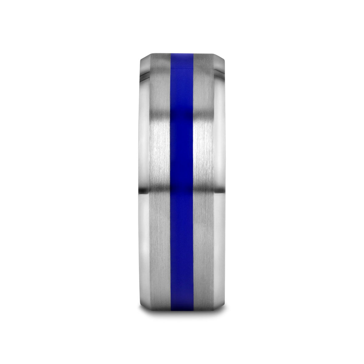LAWSON Men’s Beveled Edges White Tungsten Brushed Finish Wedding Ring with Blue Stripe - 8mm