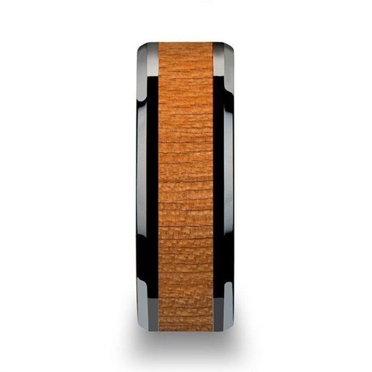 IOWA Black Ceramic Wedding Ring with Polished Bevels and Black Cherry Wood Inlay - 6mm - 10mm