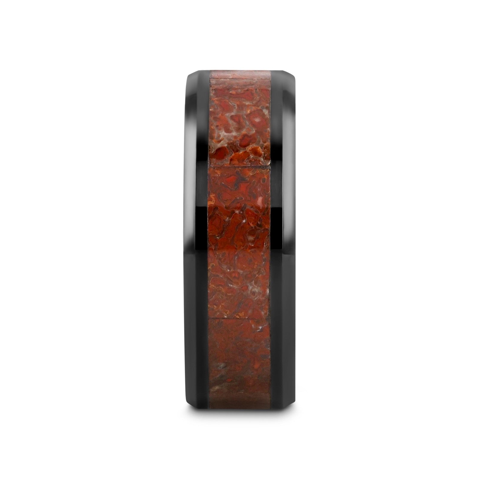 TRIASSIC Red Dinosaur Bone Inlaid Black Ceramic Beveled Edged Ring - 4mm & 8mm
