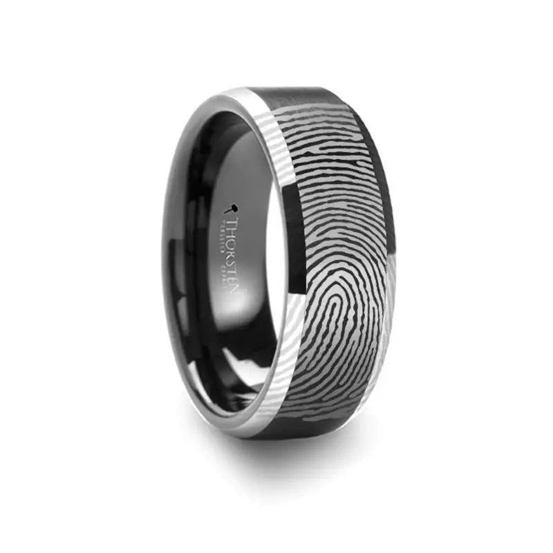 Fingerprint Engraved Flat Black Tungsten Ring with Brushed Finish with Polished Beveled Edges - Aston - 4mm - 10mm - 6mm