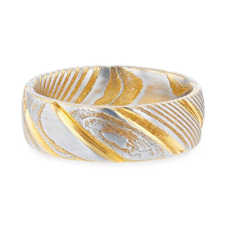 CERSEI Gold Color Domed Brushed Damascus Steel Men’s Wedding Band with Vivid Etched Design - 6mm & 8mm