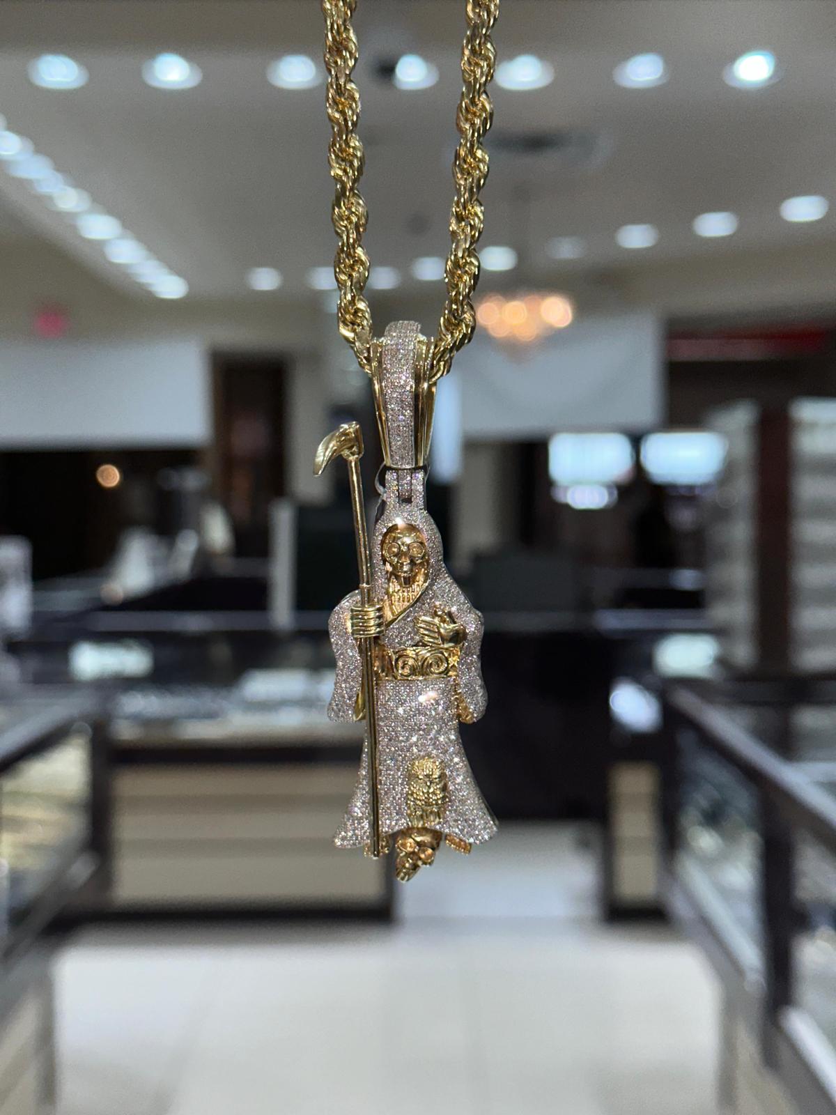 10k Yellow Gold 5ctw Custom Diamond Santa Muerte pendant Monica