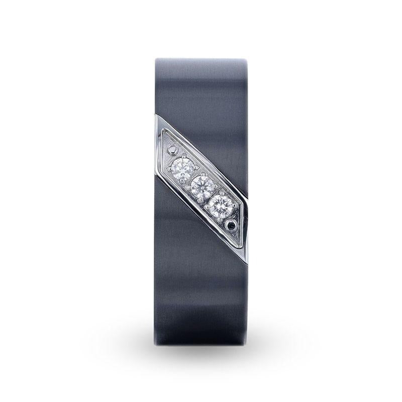 JAGUAR Flat Brushed Black Titanium Men's Wedding Band With Small Silver-Coated Diagonal Design And A Set of 3 Diamonds -