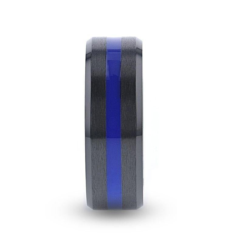 JACKSEN Black Titanium Men's Wedding Band Beveled Black Titanium With Blue Stripe Inlaid Brushed Finish Center And Polis