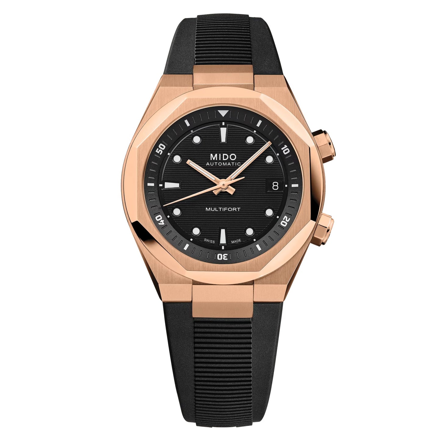 MIDO Multifort 8 Two Crowns Black Dial Stainless Steel Rose Gold-Tone Watch - Rubber Strap- 38.4 X 40mm