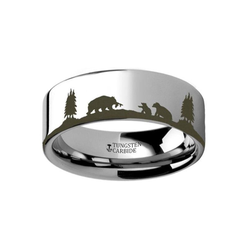 Animal Landscape Scene Bears Bear Cubs Engraved Flat Tungsten Ring - 4mm - 12mm - 8mm
