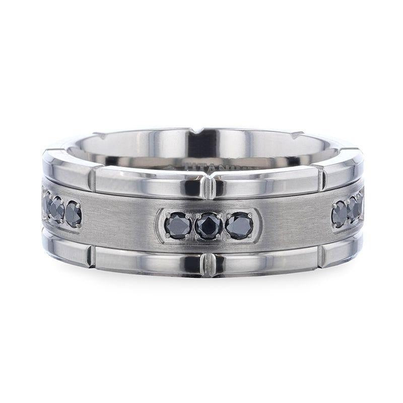 COURAGEOUS Brushed Center Titanium Men's Wedding Band With Double Grooved Polished Edges And Black Diamond Settings - 8m