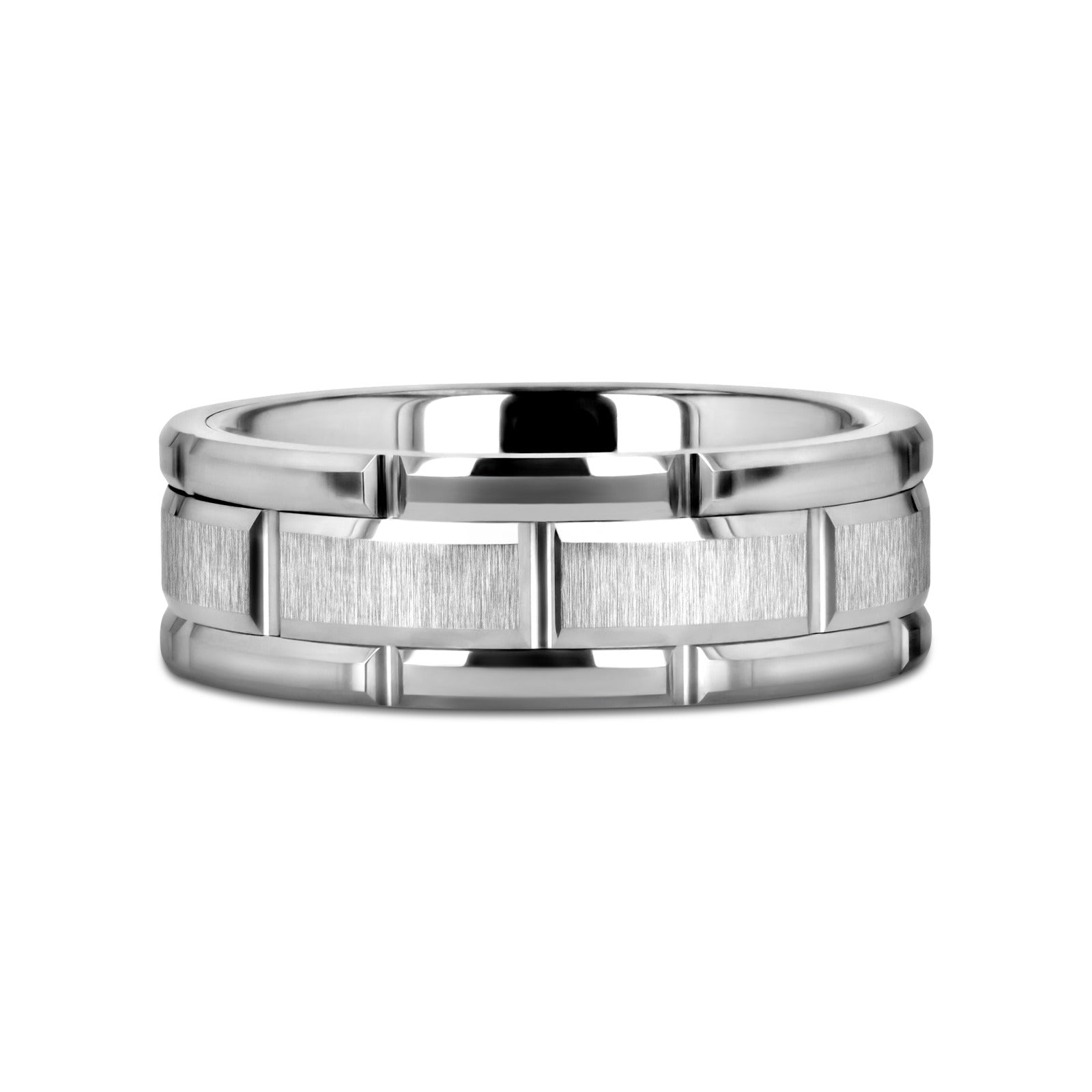 WARWICK Beveled Tungsten Carbide Wedding Band with Brush Finished Center and Alternating Grooves - 8mm