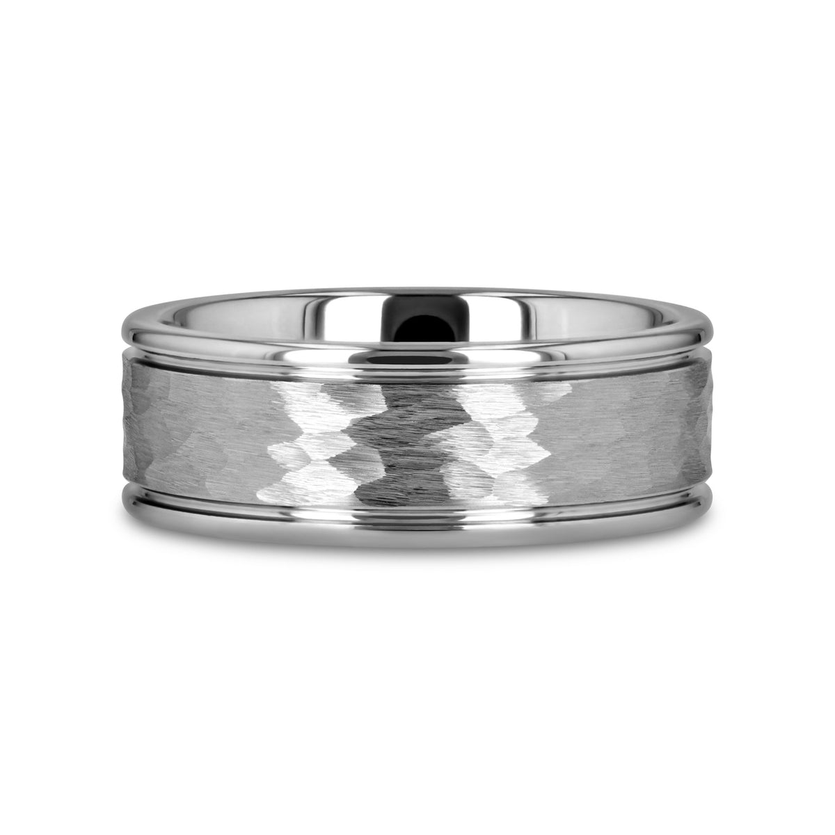 THORNTON Hammered Finish Center White Tungsten Carbide Wedding Band with Dual Offset Grooves and Polished Edges - 6mm & 