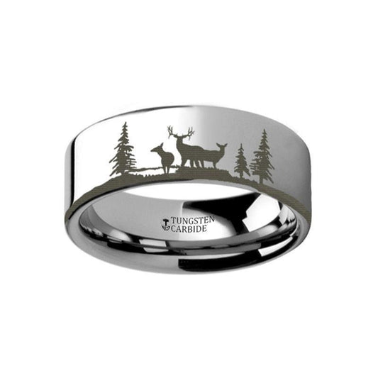 MUIR Animal Landscape Scene Reindeer Deer Stag Engraved Flat Tungsten Ring - 4mm - 12mm - 8mm