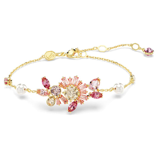 Gema bracelet Crystal pearl, Mixed cuts, Flower, Pink, Gold-tone plated