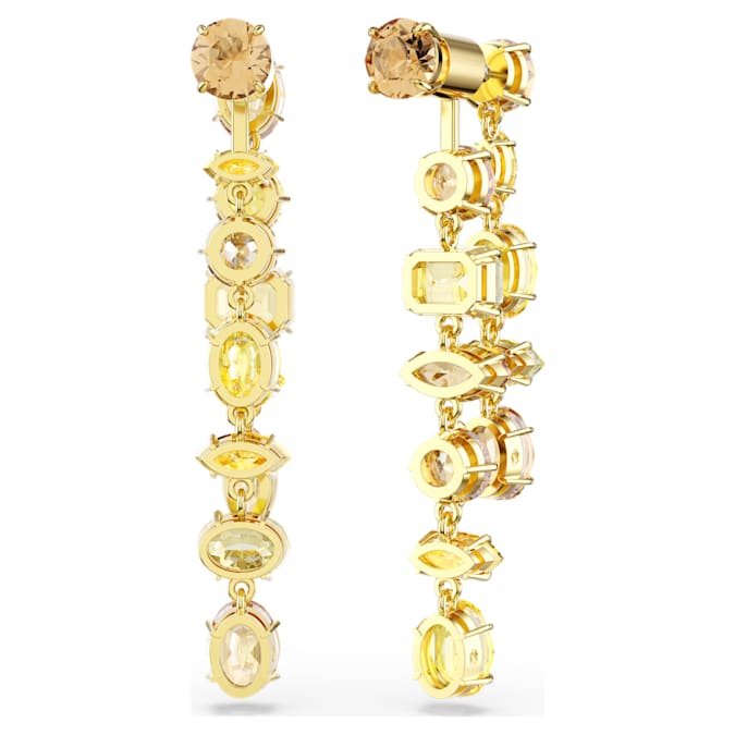 Gema drop earrings Asymmetrical design, Mixed cuts, Long, Yellow, Gold-tone plated