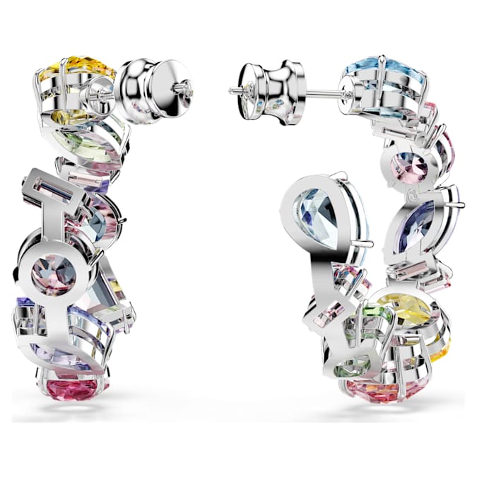 Gema hoop earrings Asymmetrical design, Mixed cuts, Small, Multicolored, Rhodium plated