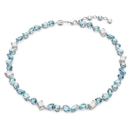 Gema necklace Mixed cuts, Blue, Rhodium plated