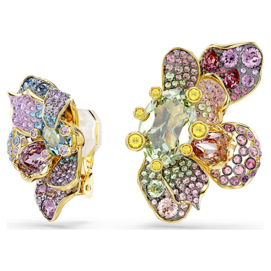 Idyllia clip earrings Asymmetrical design, Mixed cuts, Pavé, Flower, Multicolored, Gold-tone plated