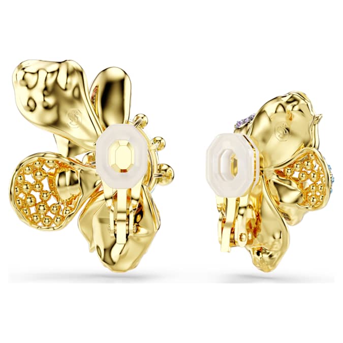 Idyllia clip earrings Asymmetrical design, Mixed cuts, Pavé, Flower, Multicolored, Gold-tone plated