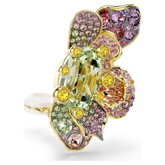 Idyllia clip earrings Asymmetrical design, Mixed cuts, Pavé, Flower, Multicolored, Gold-tone plated