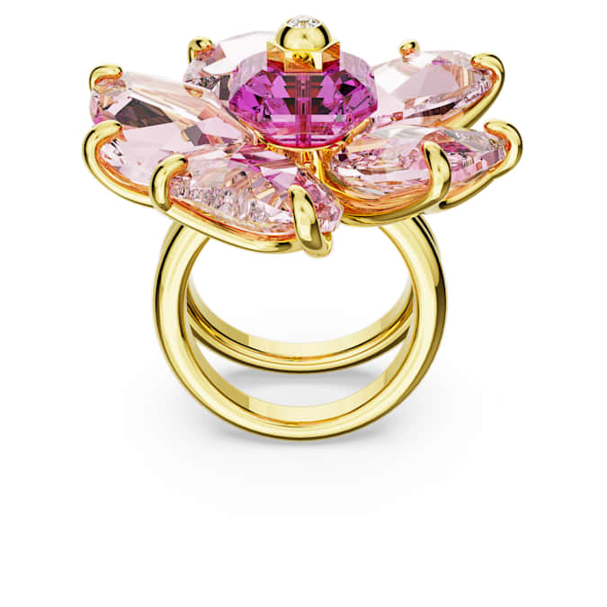 Idyllia cocktail ring Flower, Pink, Gold-tone plated