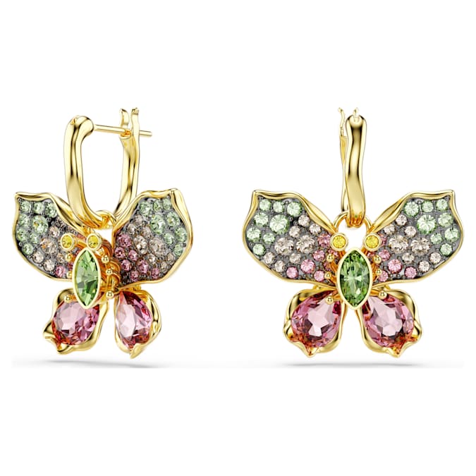 Idyllia drop earrings Mixed cuts, Pavé, Butterfly, Multicolored, Gold-tone plated