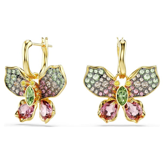 Idyllia drop earrings Mixed cuts, Pavé, Butterfly, Multicolored, Gold-tone plated