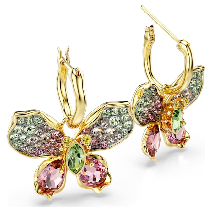 Idyllia drop earrings Mixed cuts, Pavé, Butterfly, Multicolored, Gold-tone plated