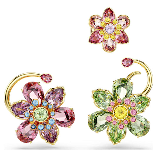 Idyllia ear cuff Set (3), Asymmetrical design, Mixed cuts, Flower, Multicolored, Gold-tone plated