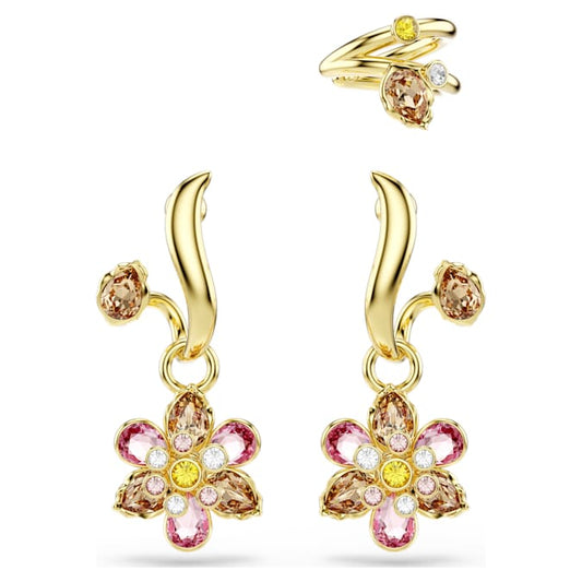 Idyllia earrings Set (3), Mixed cuts, Flower, Multicolored, Gold-tone plated