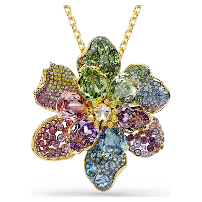 Idyllia pendant and brooch Mixed cuts, Pavé, Flower, Multicolored, Gold-tone plated