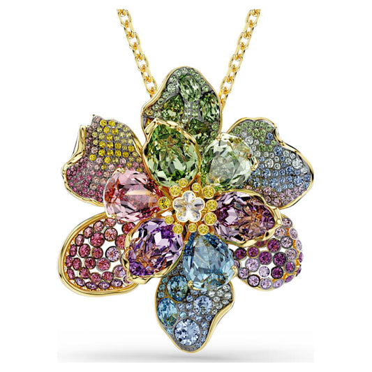 Idyllia pendant and brooch Mixed cuts, Pavé, Flower, Multicolored, Gold-tone plated
