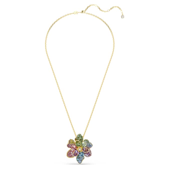 Idyllia pendant and brooch Mixed cuts, Pavé, Flower, Multicolored, Gold-tone plated