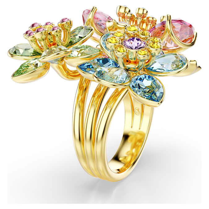 Idyllia ring Mixed cuts, Flower, Multicolored, Gold-tone plated