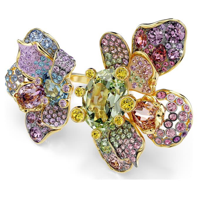 Idyllia ring Mixed cuts, Pavé, Flower, Multicolored, Gold-tone plated