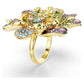 Idyllia ring Mixed cuts, Pavé, Flower, Multicolored, Gold-tone plated